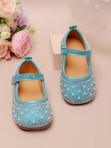 1 Pair Baby Rhinestone Flat Slip-On Shoes, Fashion Versatile Hook & Loop Shallow Square Toe Princess Shoes For Girls - Baby Blue - View 3