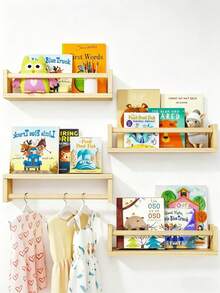 Baby Essentials,Wooden Floating Nursery Book Shelf, Wall-Mounted Book Rack For Kids Books, Toys & Nursery Decor,Natural Wood Floating Book Shelves For Nursery, Set Of 1/2/3 Wall-Mounted Kids Book Racks With Safety Rails, Multi-Use Organizer For Books, Toys & Children's Clothes - Multicolor - View 7