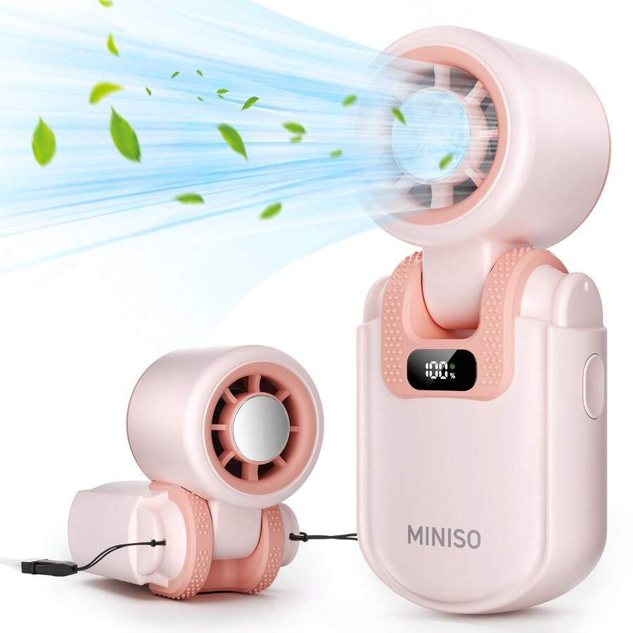 MINISO 手持式冷敷風扇 2400mAh 便攜迷你風扇 可折疊個人風扇 5 段風速 智慧數位顯示 USB 充電式口袋小風扇 適合旅行、化妝、辦公室、戶外使用 附 1 個掛繩