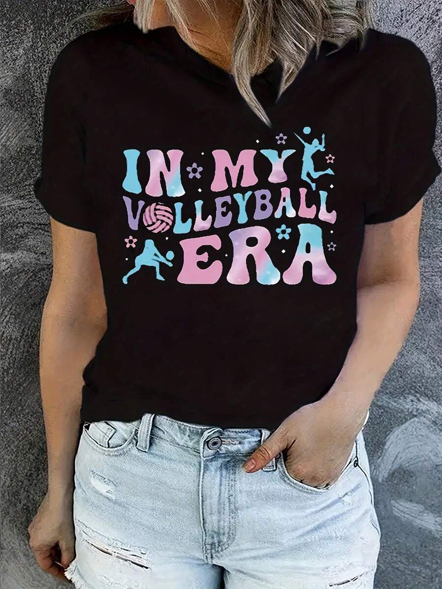 Women's Volleyball Graphic Shirt - Black With Pink & Blue Volleyball Player Design & Slogan "In My Volleyball Era" - Soft, Breathable Fabric, Comfortable Casual Shirt For Game Day Outfits, Year-Round Wear, Fan Merchandise Gift For Volleyball Fans. - Black - View 1