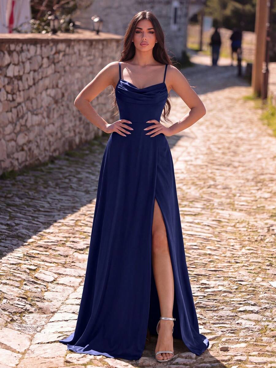 Faeriesty Elegant Spaghetti Strap Evening Gown With Ruched Bodice & High Slit - Formal Dress For Spring/Summer Events - Gala, Wedding, Prom, Red Carpet, Upscale Party Bridesmaid Dress - Navy Blue - View 1