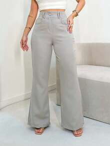 Women's Flare Wide Leg Pants, High Waist, Tailored, Chic, Work, Uniform, Party, Workwear/DD068 - 淺灰色 - 查看 3