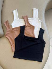 Set Of 3 Premium Basic Cropped Tops With Square Neck, Minimalist Tank Top, Structured Fabric, Casual Fashion, Blogger Style 2026 - Đen/Beige/Trắng - Xem 2