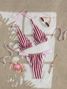 女士性感波点比基尼套装，适合海滩度假，优雅休闲之选。采用弹力舒适面料，适合音乐节、海滩派对、冲浪运动等场合。女士挂脖系带露背开衩泳衣套装，夏季必备。 - 彩色 - 查看 3