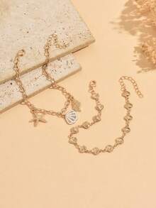 2pcs Handmade Gold Shell Chain, Alloy Seashell & Starfish Pendant Necklace Set, Suitable For Teenagers, Beach Vacation Wear - Gold - View 3
