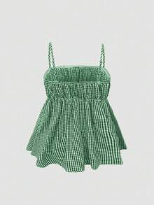 Top de tirantes con volantes y textura de burbujas a cuadros minimalista para mujer, conjunto de estilo de vacaciones para el verano, blusas de primavera - Verde Oliva - Ver 3
