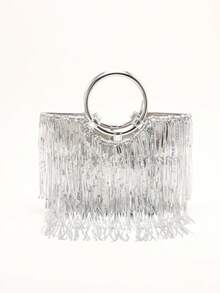 Bolso de mano con flecos plateados estilo Y2K, bolso de mano con flecos de cadena metálica y asa de argolla, embrague de fiesta para mujer - Plateado - Ver 9