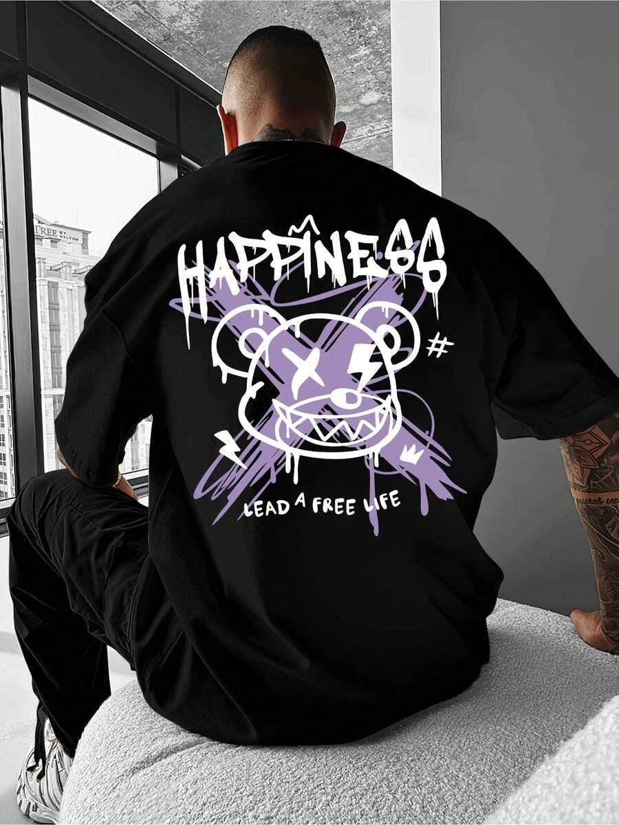 T-shirt homme et adolescent 180g 100% coton col rond, impression thermique double face avec motifs d'ours, manches courtes douces et respirantes, style décontracté streetwear d'été, lavable en machine, idéal pour un usage quotidien informel et les sorties - Noir - Voir 1
