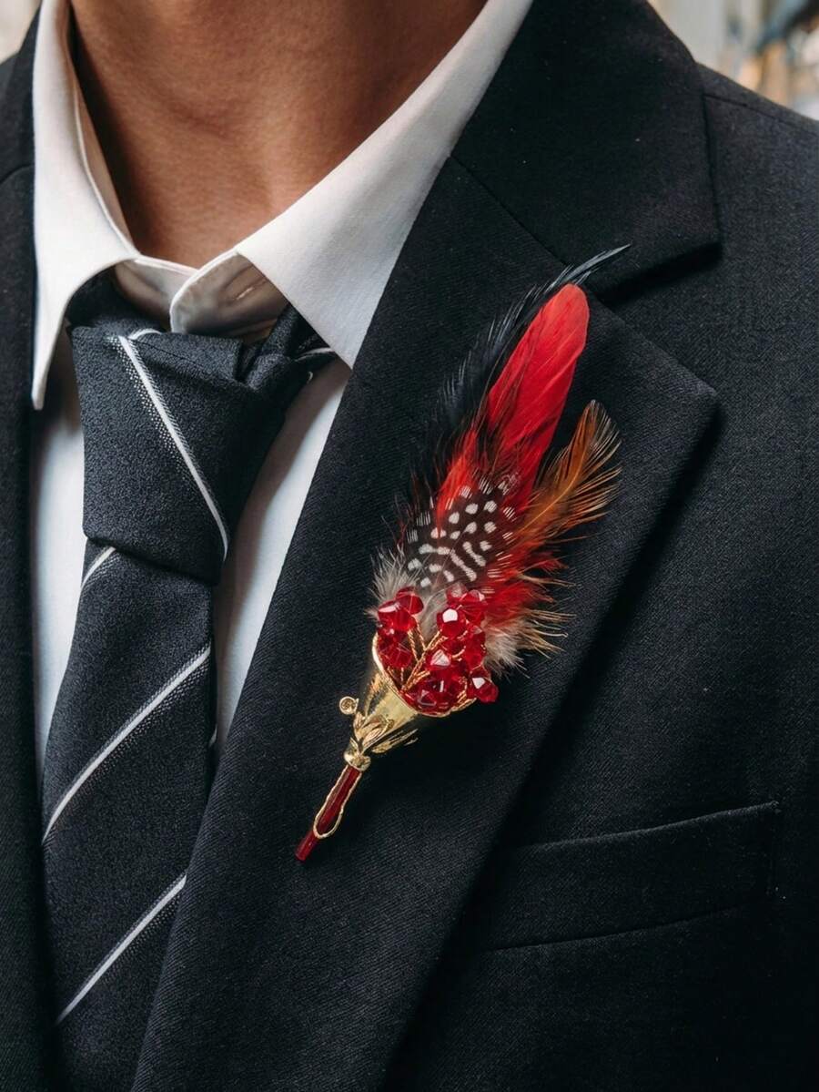 1 Stück Herren Brosche, Mehrfarbige Feder Boutonniere für Gastgeber, Hochzeit, Koreanischer Stil Anzug Accessoire