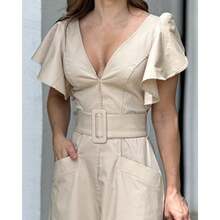 Nuevo vestido con cuello en V y mangas con volantes de color sólido, elegante vestido largo para ir al trabajo con un diseño que realza la cintura. - Blanco - Ver 9