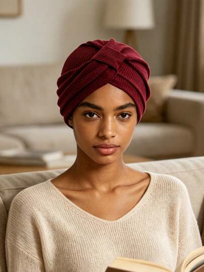 1pc Waffle Knit Turban Head Wrap For Women, Solid Color Pre-Tied Knot Headscarf, Non-Slip Elastic Headband, Soft Stretch Chemo Beanie, Elastic Headband Hair Cover, Casual Daily Hair Accessory, Multiple Colors Available