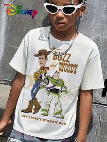 Disney Toy Story "Buzz & Woody Dynamic Duo" Kids T-Shirt,  Casual Streetwear Tee, Boys And Girls' Clothing, Casual And Fashionable T-Shirt - 白色 - 查看 3