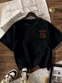 COFFEE CLUB Graphic T-Shirt, Women's Casual Round Neck Short Sleeve T-Shirt, Suitable For Summer, Vacation, Beach - Black - View 4