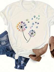 Women's T-Shirt With Floral And Dandelion Print - Oversized Loose Fit Round Neck Short-Sleeved Top With A Vibrant Multicolored Dandelion And Daisy Design, Breathable Fabric, Casual Spring/Summer Blouse For Leisure Wear, Picnics, Garden Parties - Basic Pattern With Multicolored Sleep Pattern - White - View 6