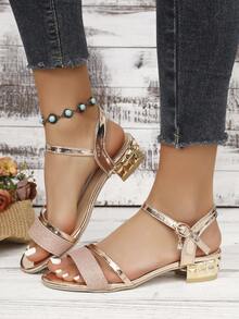 1 Pair Rose Gold Rhinestone Open Toe Sandals, Luxury Rivet Thick Heel Shoes, Suitable For Teenagers Party & Casual Wear In Summer - Rose Gold - View 7