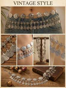 2pcs Vintage Bohemian Style Daisy Petal & Flower Design With Multi-Layer Coin Belly Chain, Sexy Arabian Tassel Waist Chain, Suitable For Beach, Holiday, Party Wear, Halloween, Campus Autumn, Autumn - 兩件古董銀器 - 查看 3