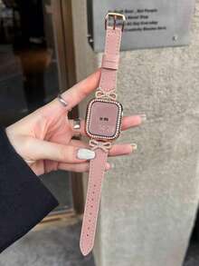 1 chiếc dây đeo đồng hồ nữ bằng da màu hồng đính nơ và kim cương, tương thích với Apple Watch 38/40/41/44/45/49/42/46mm Series 11/SE3/Ultra3/Ultra/SE/SE2/10/9/8/7/6/5/4/3/2/1 - Hồng - Xem 3