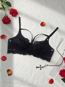 Sujetador con aros de encaje negro estilo Y2K sexy - Negro - Ver 11