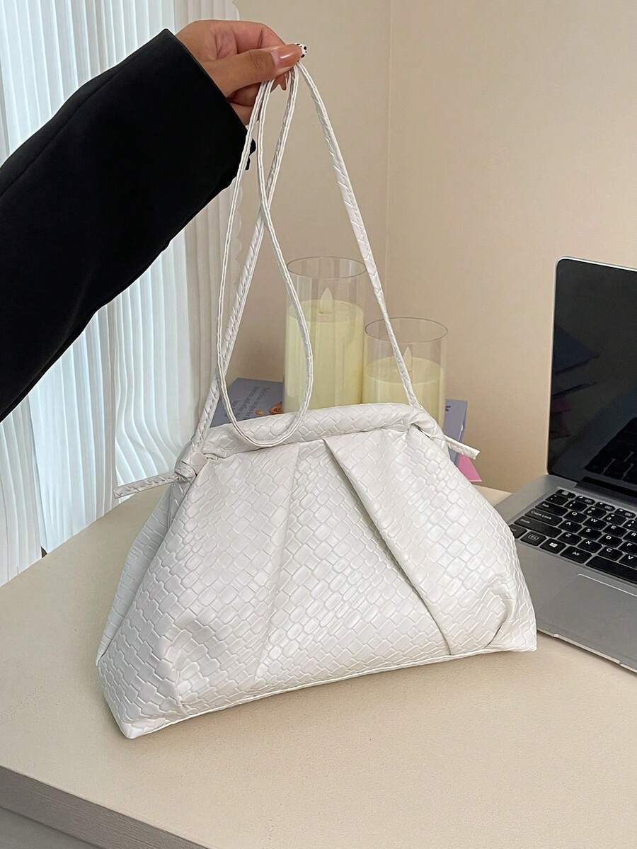 1件女款復古極簡仿編織紋理大容量百褶雲朵造型手拿包,適合派對、活動與日常穿搭,時尚酒紅色女款時尚靈感包 - 白色 - 查看 1