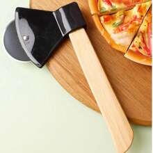 1pc Stainless Steel Axe Shaped Pizza Cutter With Bamboo And Wood Handle, Creative Round Pie Knife - Multicolor - View 2