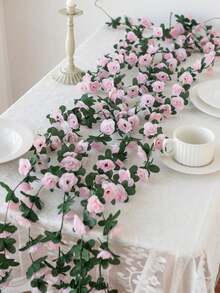 1pc Artificial Rose Vine Decor, Suitable For Wedding Venue, Home Bedroom Living Room Bathroom Wall Hanging, Outdoor Garden School Birthday Party Valentine's Day New Year Wedding Floral Tabletop Decoration, Artificial Flowers - Pink - View 6