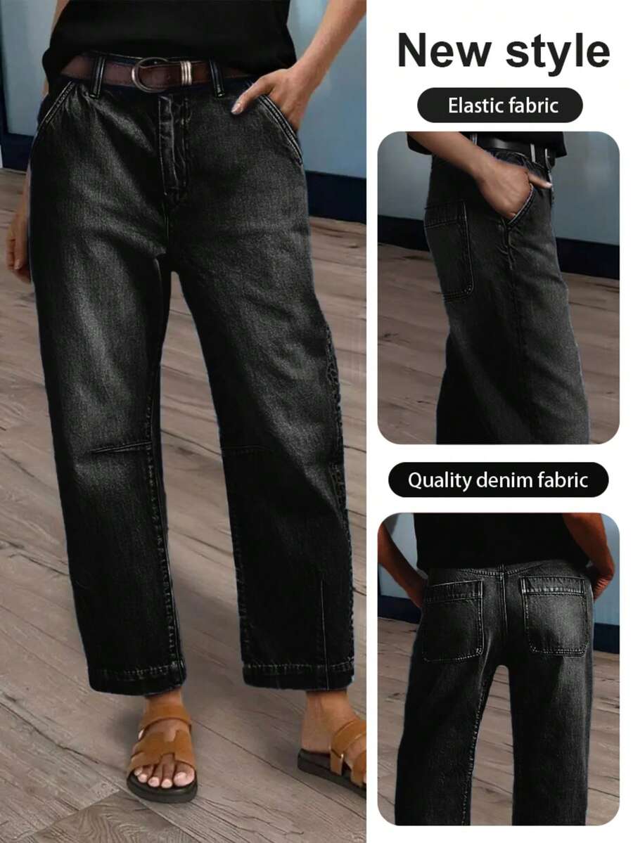 Women's Fashion Front & Back Pleated Shaping Stretch Ankle-Length Jeans - Black - View 1