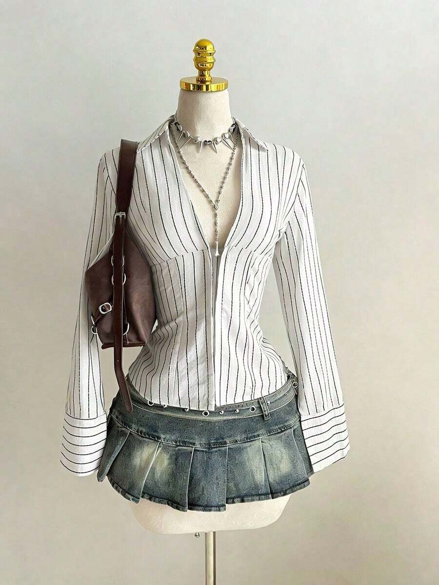 1pc Black V-Neck Striped Collar Slim Fit Button-Up Long Sleeve Sexy Blouse For Commute & Daily Wear, Winter - 白色 - 查看 1