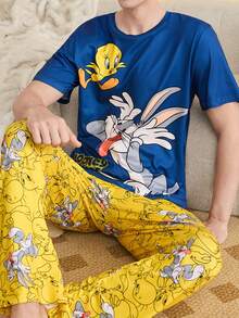 Noctvar OBM Sleepwear X LOONEY TUNES Cartoon Rabbit & Tweetie Bird Print Pajama Set, Men's Contrast Color Comfortable Long Sleeve & Long Pants Loungewear - Multicolor - View 5