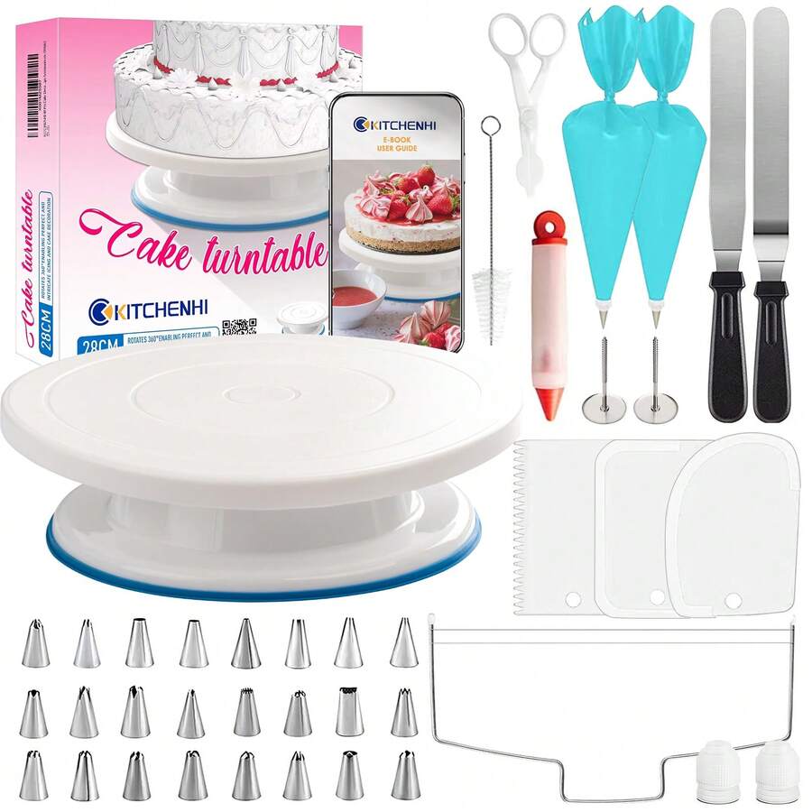 GRANDMA SHARK 40 Pcs Cake Decorating Supplies Kit For Beginners,With 11 Inch Plastic Revolving Cake Turntable And Disposable Pastry Bags/With Numbered Cake Decorating Tips Accessories Etc.(White) - White - View 1