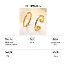 2 piezas Anillos de banda llana chapados en oro de 18K con rhinestones blancos de acero inoxidable, adecuados para uso diario de mujeres o como regalo - Amarillo Oro - Ver 13
