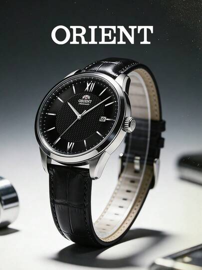 Orient Reloj automático mecánico para hombres, esfera texturizada en negro y plata con números romanos, correa de cuero, cuerda automática, indicador de fecha, estilo monocromo elegante para negocios, adecuado como regalo para jefe, novio, aniversario, cumpleaños, fiesta, gala