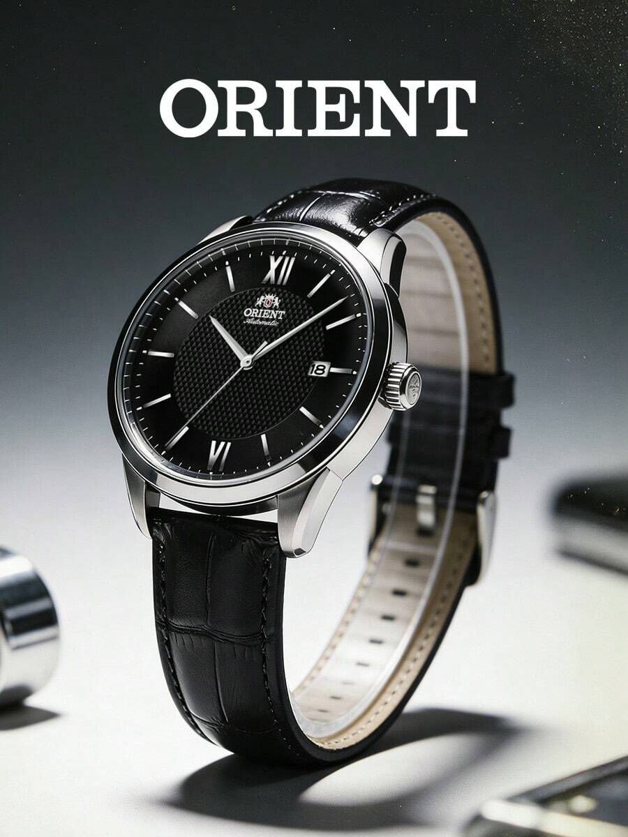 Orient 男士自动机械腕表,银黑色纹理表盘,罗马数字时标,真皮表带,自动上链,日期显示,简约单色商务风格,适合作为送给老板、男友、周年纪念、生日、派对、晚宴的礼物。 - 黑色皮帶 - 查看 1