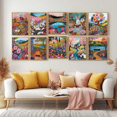 10/1件童话花园油画帆布艺术墙画房间海报壁画，带框+带框房间装饰用品彩色兔子村庄风景印刷海报，客厅卧室宿舍无框美学家居墙面装饰，浴室装饰，厨房装饰，客厅装饰，卧室装饰，办公室装饰，大学宿舍装饰