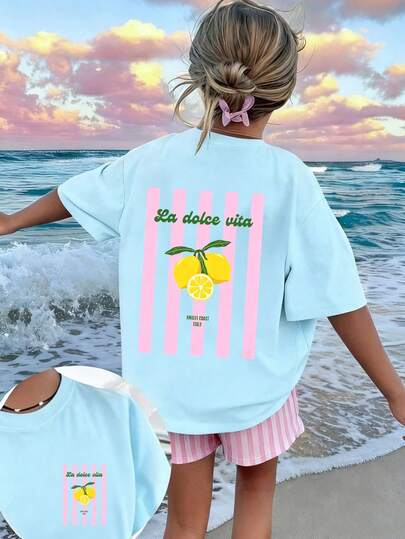 Tween Girls' Casual Graphic Print Crew Neck Short Sleeve T-Shirt, Summer Top