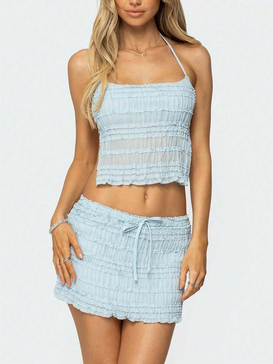 Women's 2 Piece Outfits Smocked Mini Skirt Set Casual Sleeveless Backless Smocked Halter Neck Tie Up Crop Top + Bodycon Short Mini Skirt Set Cocktail Party Beach Dress - F671-藍色 - 查看 1
