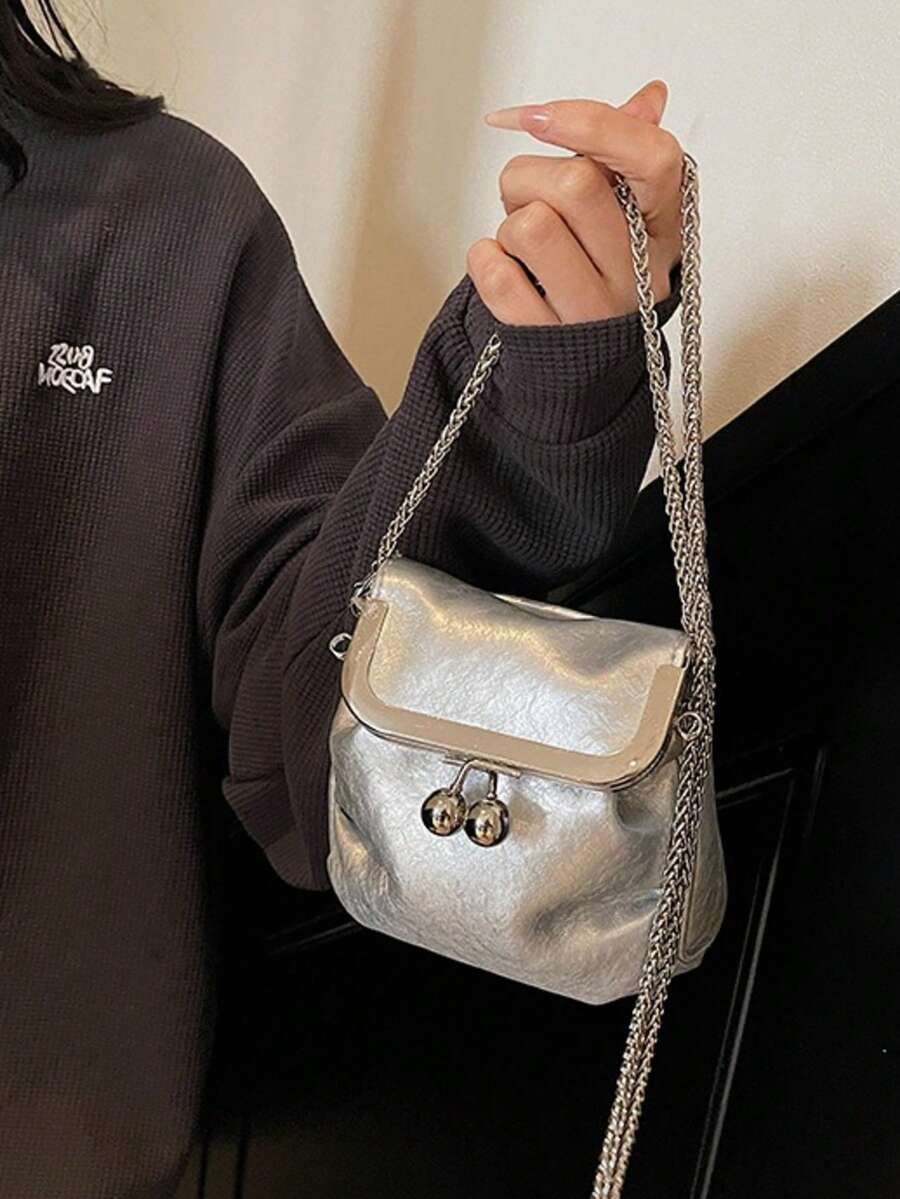 优雅银色软皮小众设计包，时尚夏季百搭链条单肩包，轻便斜挎手机包