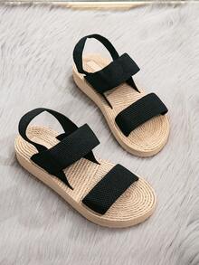Sandal Platform Wanita Minimalis dengan Tali Elastis Anyaman - Hitam - View 7