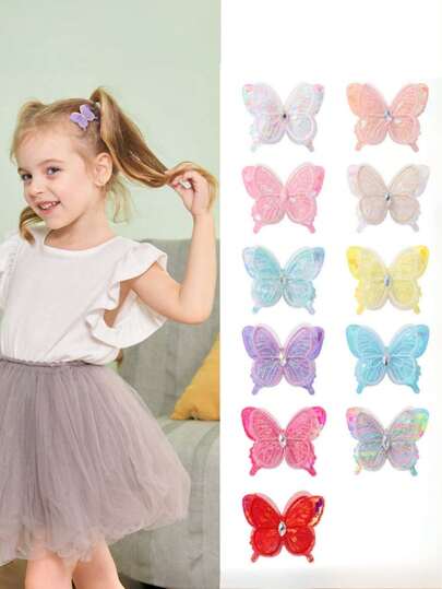 2个彩色蝴蝶造型发夹，蕾丝网蝴蝶双层3D发夹，公主风女孩礼物，适合情人节