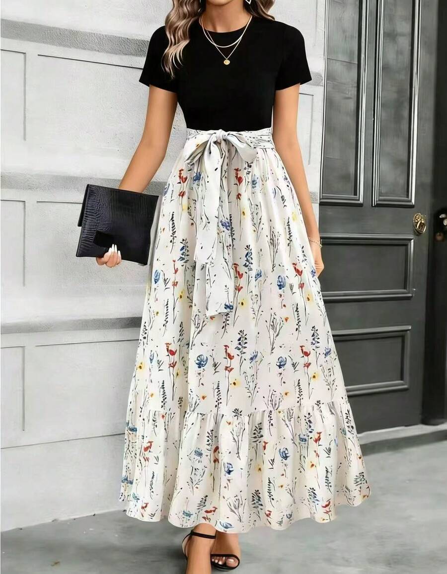 Women's Printed Maxi Dress Short Puff Sleeve Crew Neck Tie Waist Casual Long Dress For Daily Wear Party - 白色小碎花 - 查看 1