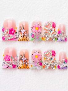 Handmade Press On Nails Sweet Y2K Pink Butterfly Flower Rhinestone Design Short Duck Nails Cute Girly Statement Nails For Party Date - Follow Your Heart - Xem 8