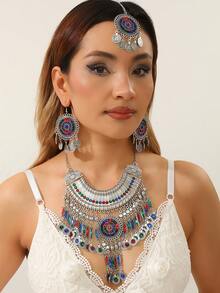 3件套奢华复古串珠项链、耳环、手链首饰套装，女士婚礼派对摄影配饰 - 彩色的 - 查看 6