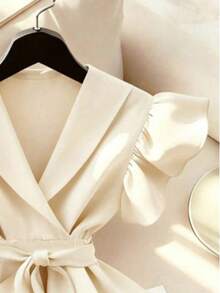Elegant V-Neck Solid Color Ruffle Sleeve Tie Waist Shirt With Solid Color Belt Criss-Cross Summer - Champagne - View 5