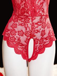 Deep V Lace Backless Bodysuit, Crotchless Open Bra Erotic Lingerie & Underpants, Women's Sexy Clothing - Red - View 5