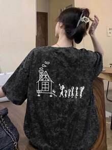 Japanese Style Women Summer Loose Round Neck Minimalist Cartoon Print Short Sleeve T-Shirt Casual Black - Black - View 2