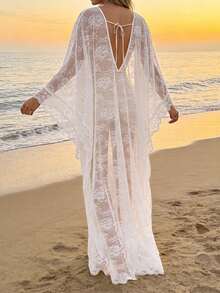 Vestido Kaftan Largo de Encaje Floral para Mujer, Cuello en V y Manga Murciélago, Holgado y Fluido para Playa en Verano - Blanco - Ver 8