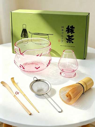 2/5 Parçalı Cam Kase Matcha Çırpma Seti - Japon Matcha Kasesi, Bambu Matcha Çırpma Teli, Çay Süzgeci, Kaşık, Elek, Çırpma Teli Tutucu, Matcha Çay Seremonisi İçin Mükemmel Başlangıç Seti