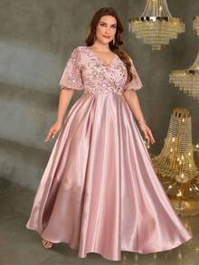 BluePlum Đầm satin dáng chữ A tay ngắn cổ chữ V, thêu sequin nhiều màu sắc, có túi, dáng ôm, thích hợp cho dạ hội, tiệc cocktail, đám cưới, kỷ niệm, sự kiện trang trọng gia đình, tiệc cô dâu, sinh nhật, đầm dạ hội sang trọng dành cho mẹ cô dâu, màu hồng. - Hồng - Xem 7