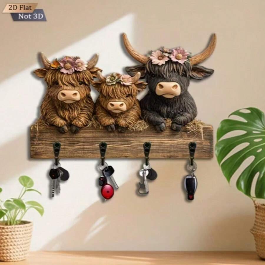 1 Peça Suporte de Chaves em Forma de Vaca 2D Plana - Decoração de Madeira Rústica. Gancho Multifuncional com 4 Ganchos de Metal. Decoração de Parede, Decoração de Varanda, Decoração de Quarto, Decoração Doméstica o Ano Todo. Adequado para Presentes Sazonais. - Multicolorido - Visão 1