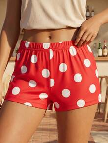 Women's Beach Shorts Dot Print Elastic Waist Mini Shorts Summer Fashion Stretchy Hot Pants - Rojo - Ver 4