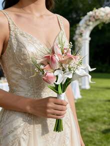 1件套白色粉色人造郁金香和马蹄莲婚礼花束，手捧鲜花，新娘婚礼花束，婚礼摄影道具，派对仪式周年纪念伴娘礼物 - 彩色 - 查看 12